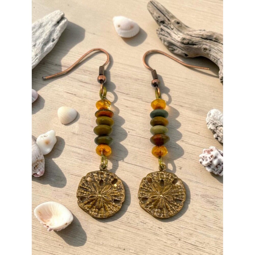 Sand Dollar Earrings Jasper Czech Glass Copper Dangle Coastal Boho Beach 2.25"